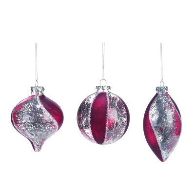  Transpac Glass 4 in. Silver Christmas Tinsel Filled Ornament Set of 3 