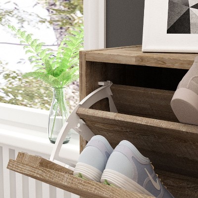 Brown Wood Grain 3-Tier Shoe Storage Rack with Metal Handles
