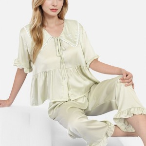Anna-Kaci Lounge Women's Embroidered Collar Pajama Set with Ruffle Trim and Button-Up Top - 1 of 4