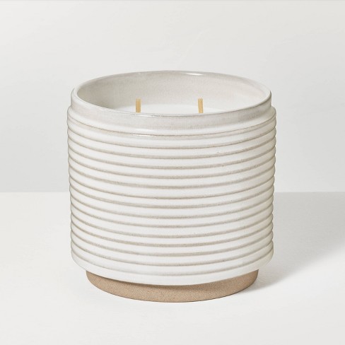 2-wick Ribbed Ceramic Canvas Jar Candle Light Gray 12oz - Hearth 