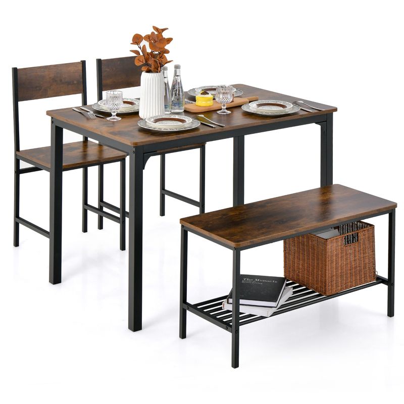 Costway 4pcs Dining Table Set Rustic Desk 2 Chairs & Bench with Storage Rack Brown/Grey/Coffee, 1 of 10