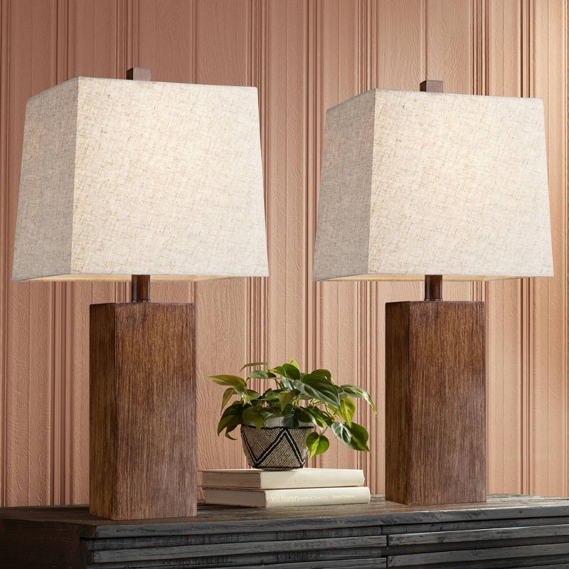 360 Lighting Modern Rustic Accent Table Lamps 23" High Set of 2 Faux Wood Rectangular Block Brown Tan Fabric Shade for Bedroom Living Room House Home, 2 of 7