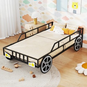 Costway Twin Car-Shaped Metal Bed Frame with Wheels Decorations Safety Guardrails - 1 of 4