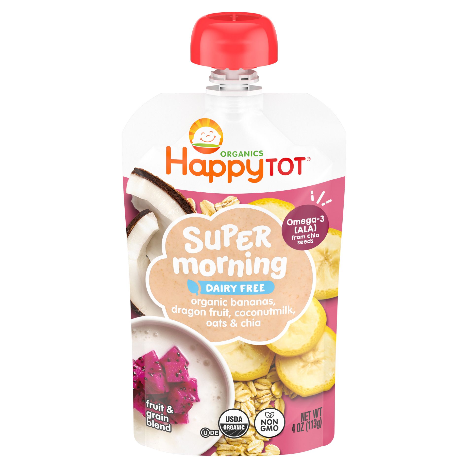 Happy Tot Super Morning Dairy-Free Organic Bananas, Dragonfruit, Coconut Milk, Oats & Chia Toddler Pouch - 4oz: 24+ Months, Vegan Puree