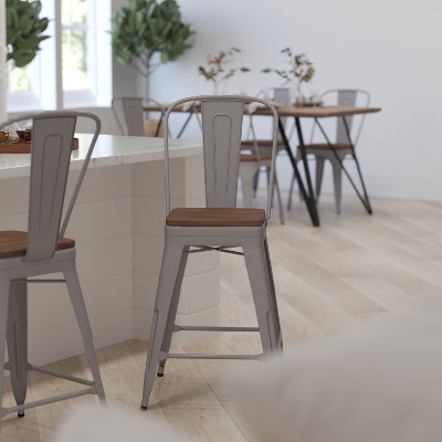 Silver Metal Counter Stool with Curved Slatted Back and Textured Wood Seat