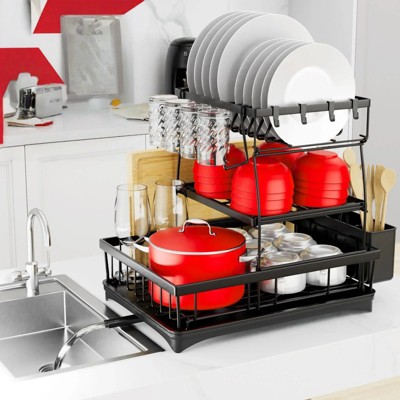 FONTOI 3-Tier Expandable Dish Drying Rack for Kitchen Counter, Dish Drainer, 2-Tray Design Organizers, Black, 18.89"*15.94"*14.37"