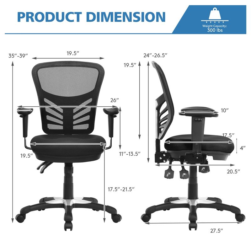 Costway Mesh Office Chair 3-Paddle Computer Desk Chair w/ Adjustable Seat, 3 of 11