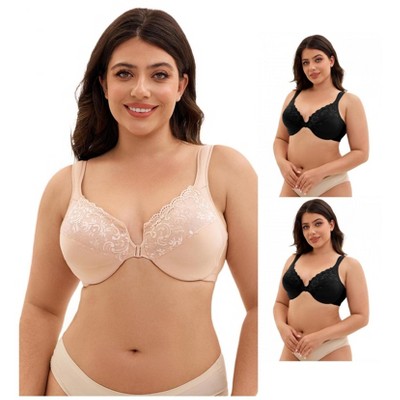 INSPIRE CHIC 3 Pcs Women's Front Closure Lace Trim Underwire Adjustable Straps Plunge Bras