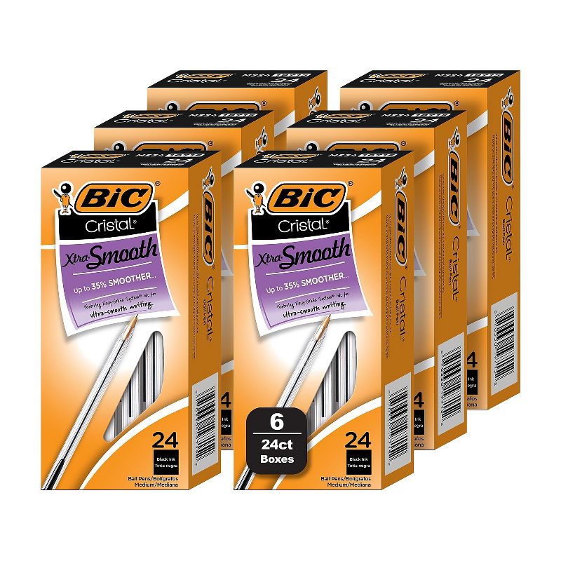 BIC Cristal Xtra Smooth Ballpoint Pen Medium Point Black Ink 24/Box 6 Boxes/Pack (MS144E-BLK), 1 of 5