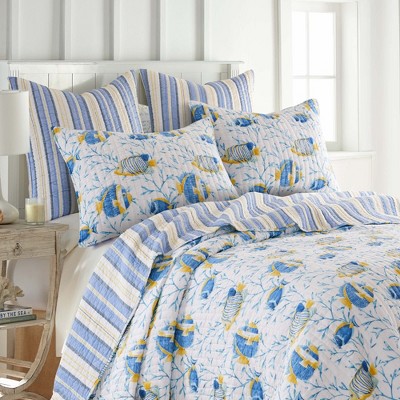 Full Blue Cotton Reversible Nautical Quilt Set