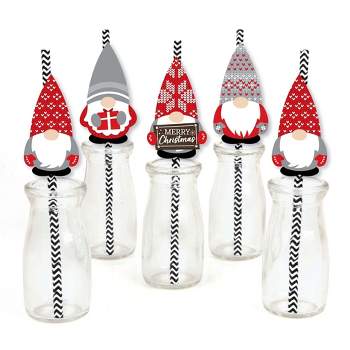Big Dot of Happiness Christmas Gnomes - Paper Straw Decor - Holiday Party Striped Decorative Straws - Set of 24