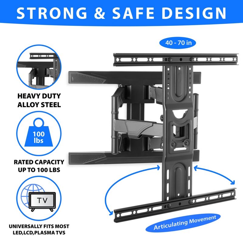 Mount Factory Full Motion TV Wall Mount -  Swivel Bracket fit Televisions from 42" - 70" up to VESA 400 x 600 - Tilt Swing Out Arm - 10' HDMI Cable, 2 of 8