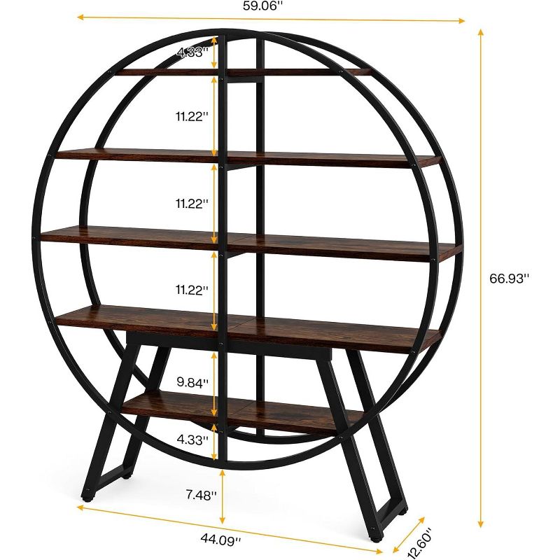 Tribesigns 67" 5 Tiers Round Bookshelves, Industrial Bookshelf Etagere Bookcase for Living Room, Geometric Display Open Book Shelf Home Office, Brown, 3 of 10