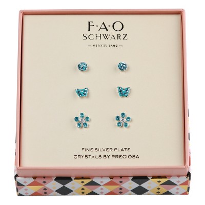 FAO Schwarz Blue Stone Stud, Flower and Butterfly Trio Earring Set