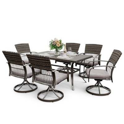 Pamapic 7-Piece Metal Patio Outdoor Dining Set with Rectangle Table and Rattan Swivel Chairs with Cushion