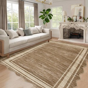 8x10 Scalloped Washable Area Rug, Low-Pile Soft Non-Slip Indoor Carpet for Living Room, Bedroom, Camel - 1 of 4