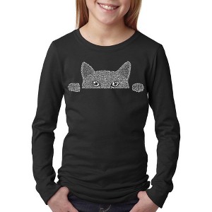 LA Pop Art Girl's Word Art Long Sleeve - Peeking Cat - 1 of 4