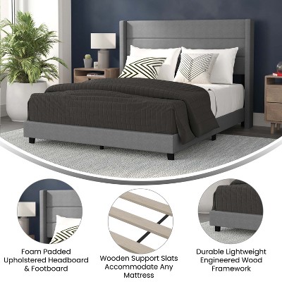 Gray Linen Upholstered Queen Platform Bed with Wingback Headboard