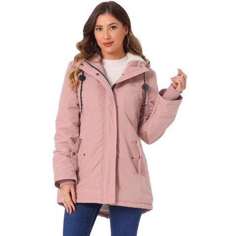 INSPIRE CHIC Women's Winter Drawstring Waist Front Pockets Faux Fur Hooded Parka Coats Large Pink
