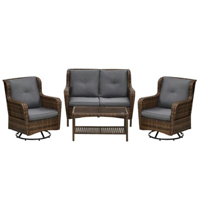 Resenkos Patio Furniture Sets,Outdoor & Patio Furniture Sets,4 Piece Rattan Patio Furniture Set with 2 Swivel Rocking Chairs, 2-Tier Glass Table and