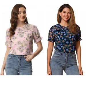 INSPIRE CHIC Women's Chiffon Short Sleeve Ruffled Trim Floral Blouse 2 Packs - 1 of 4
