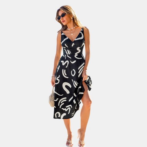 Женские платья Cupshe Women's Abstract Print Spaghetti Strap Midi Dress-L-Black