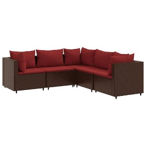 vidaXL 5 Piece Patio Lounge Set with Cushions Brown Poly Rattan - Brown and Red 3x Corner 2x Middle - 1 of 4