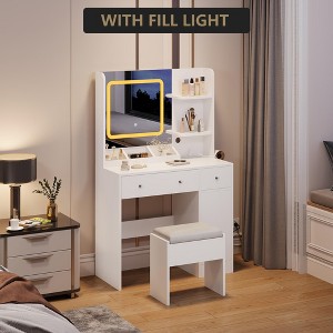 Vanity Desk and Stool with Mirror and Lights，Makeup Vanity with Charging Station, Drawers - 1 of 4
