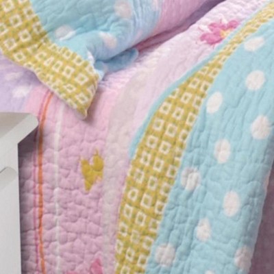 Twin White and Pastel Cotton Reversible Quilt Set
