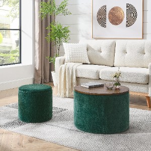 Lyngins 2-Piece Set Round Chenille Storage Ottoman with a Drum Shaped Small Stool– No-Assembly, Soft Padded Foot Stool, Ottoman with Storage - 1 of 4