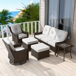 EAGLE PEAK Azure Bay 6 Pieces Wicker Outdoor Patio Furniture Set , Sofa and Swivel Chairs with Ottomans and Side Table - 1 of 4