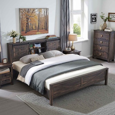 SinCiDo Farmhouse Bed Frame,w/Charging Station, Storage Bookcase Headboard,Sliding Barn Door,No Box Spring Needed, w/Wood Slats Support