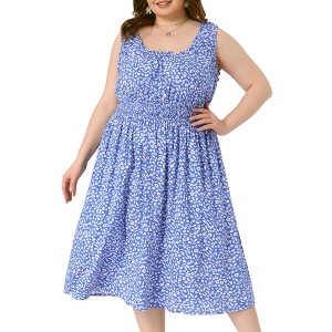 Agnes Orinda Women's Plus Size Square Neck Sleeveless Floral Flowy Stretchy Waist Midi A-Line Sundresses - 1 of 4