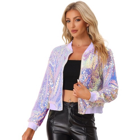 Inspire Chic Women s Party Sequin Sparkle Long Sleeve Cropped Length Zipper Bomber Jacket Pink Purple Small Target
