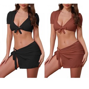INSPIRE CHIC Women's Tie Knot Halter Ribbed Short Sleeve Cover Up Set Triangle Bottom Swimwear Bathing Bikini Suits 2 Sets - 1 of 4