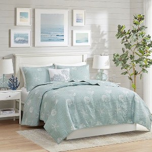 Sapphtopaz Bedding Comforter Set Quilt Set Cotton Reversible Wave Starfish and Seashell Embroidered Quilt 4 Piece - 1 of 4