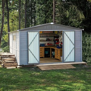Outdoor Gray Backyard Storage Shed,Iron-Wood Frame Garden Bike Shed with Windows,Iron Doors,All-Weather Waterproof Garden Tool Shed-Coolbibila - 1 of 4