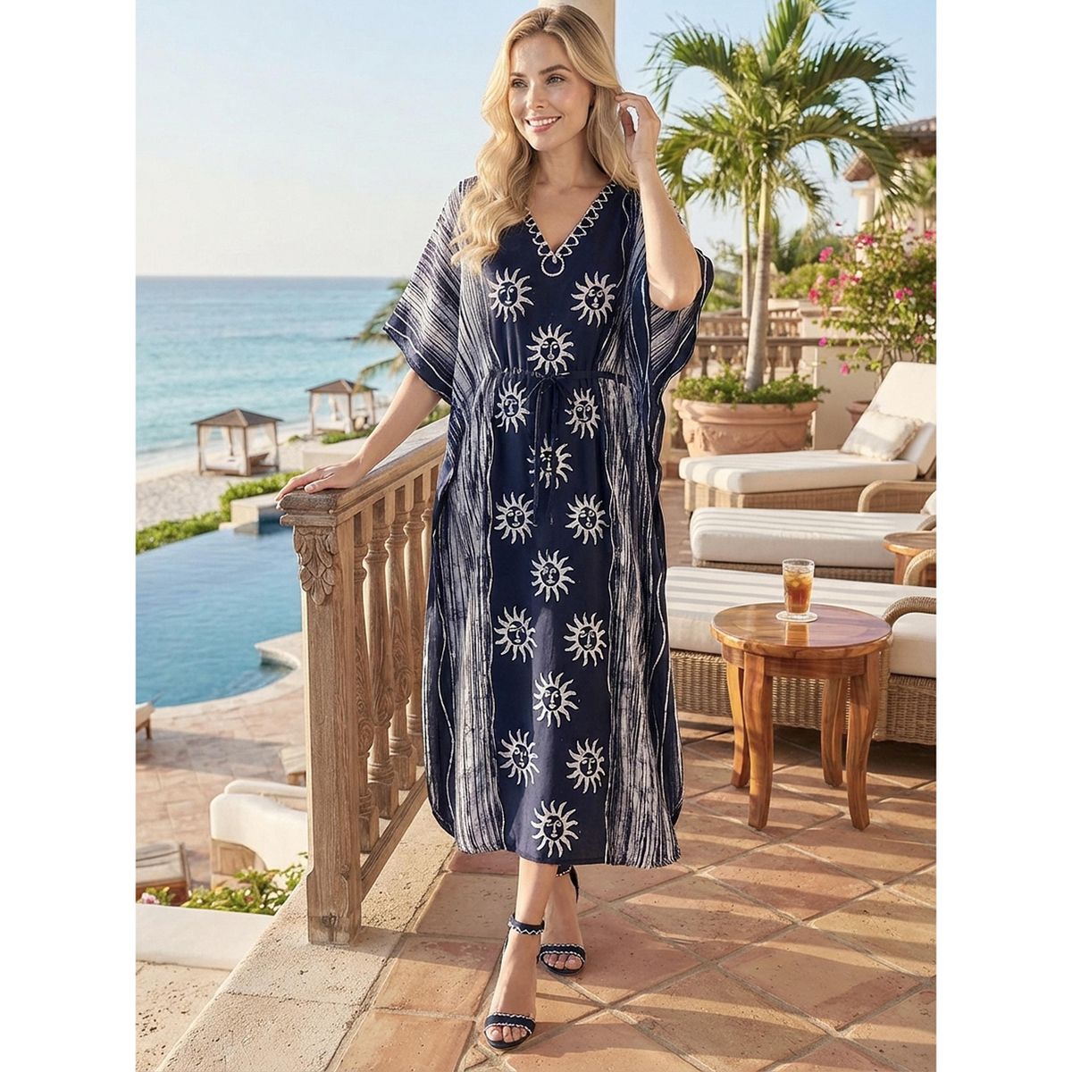 LA LEELA Summer Cotton Elegant Caftan Dress for Women Resortwear Cruise Vacation Holiday Loungewear Maxi Outfit 2X-3X Blue Sun - thumbnail 5