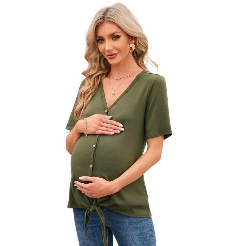 Maternity Short Sleeve T-Shirt Casual Button Down V Neck Nursing Tops Loose Breastfeeding Blouses, 1 of 8