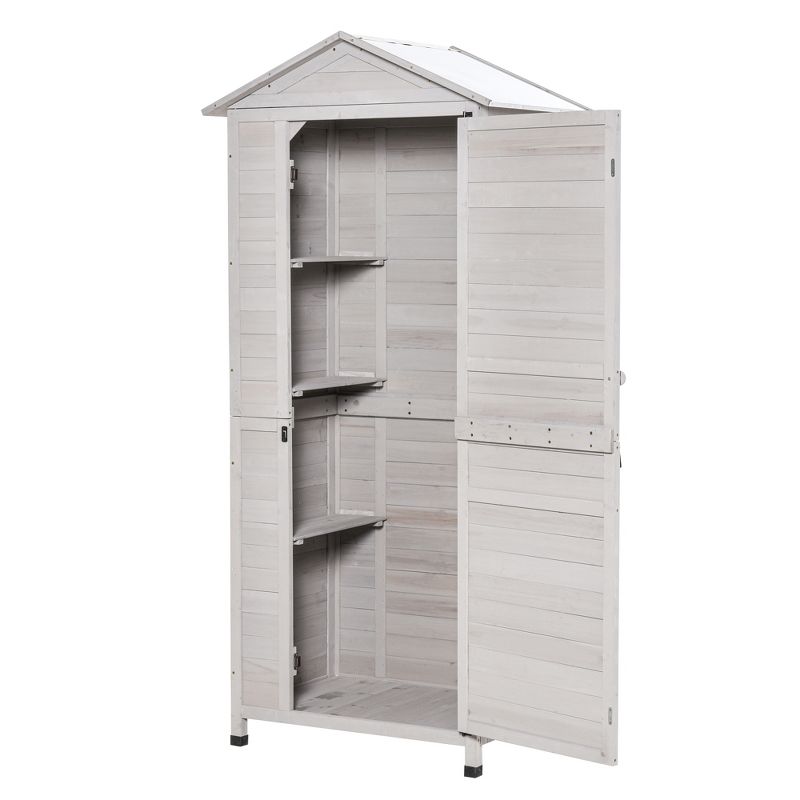 Outsunny 35.5" x 24.75" x 78.75" Wooden Storage Shed Cabinet, Outdoor Tool Shed Organizer with 3 Shelves Handle Magnetic Latch Foot Pad, Light Gray, 4 of 9