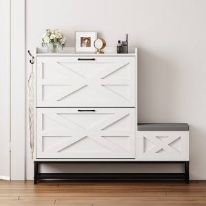 Okak Farmhouse Freestanding Shoe Cabinet Console with Storage Bench/Shelves,Space Saving Shoe Rack for Corridors, Entrances - 1 of 4