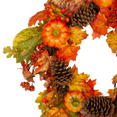 24" Orange Pumpkins Pine Cones and Berries Fall Harvest Wreath