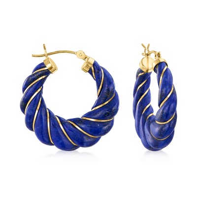 Ross-Simons Carved Lapis Hoop Earrings With 14kt Yellow Gold