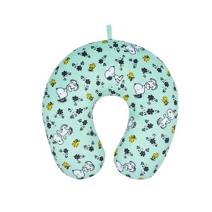 Concept One Peanuts Snoopy and Woodstock Flowers Portable Travel Neck Pillow, Mint Green - 1 of 2