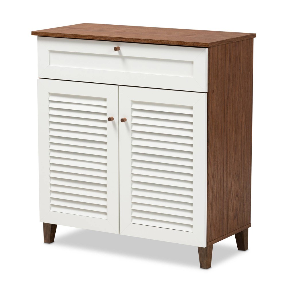 Baxton Studio Coolidge 4 Shelf Wood Shoe Cabinet with Drawer White/Walnut : Mid-Century Modern Storage for 12 Pairs