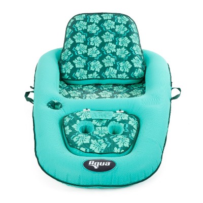 Aqua Leisure Campania 2 in 1 Convertible Water Lounger Recliner and Luxurious Inflatable Pool Float with Drink Caddy, Teal Floral Print