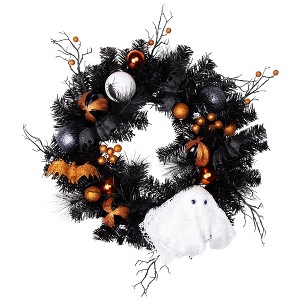 Northlight Ornaments and Ghost Halloween Twig Pine Wreath - 24" - Orange and Black - Unlit - 1 of 4