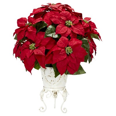 Poinsettia with Metal Planter Silk Flower Arrangement - Nearly Natural