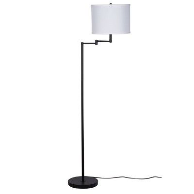 Black Metal Swing Arm Floor Lamp with White Linen Shade