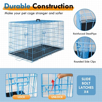 Large Blue Metal Double-Door Dog Crate with Tray